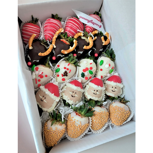 20pcs Christmas Theme: Santa Claus, Rudolph, Ornaments & Gold Chocolate Strawberries Gift Box